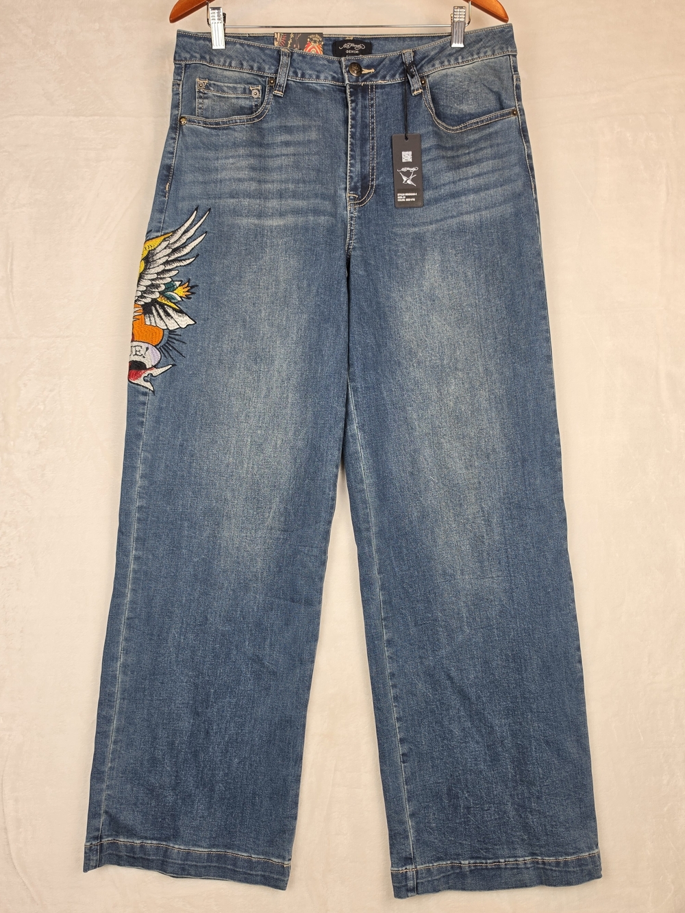 NWT Ed Hardy Brave Hearts Eagle Wide Leg Jeans Women's 32 WEHD8300-2 Medium Wash